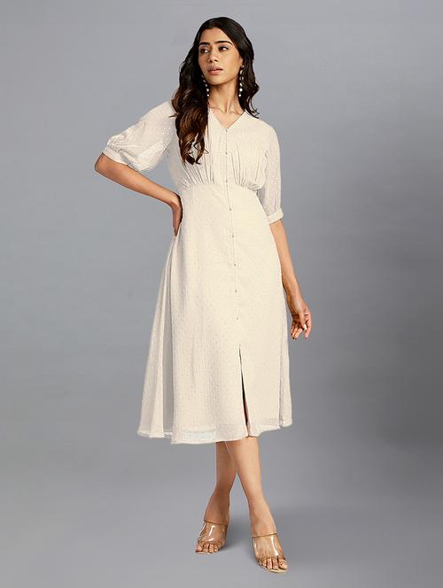 women off white self design v neck a-line dress - 21688838 - Very Small Image - 1