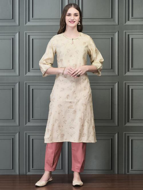 women cream three quarter sleeve straight kurta - 21689731 - Very Small Image - 1