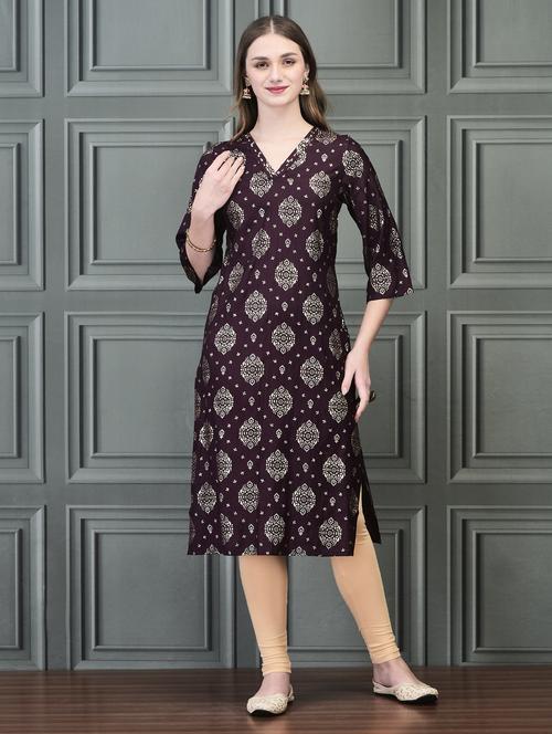 women purple three quarter sleeve straight kurta - 21689732 - Very Small Image - 1