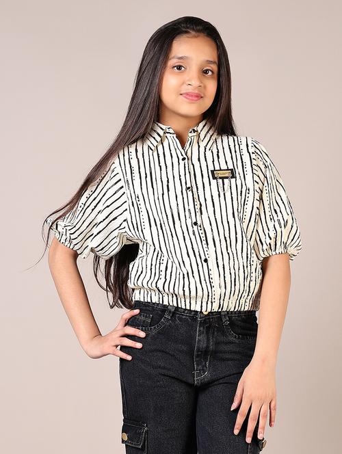 girls white striped printed puff sleeve top - 21690009 - Very Small Image - 1