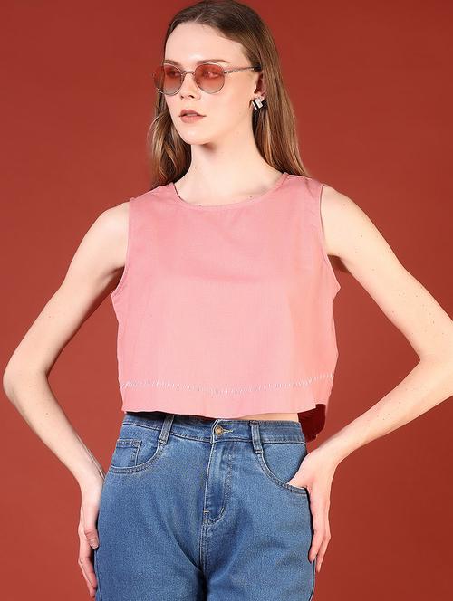 women pink solid sleeveless crop top - 21690019 - Very Small Image - 1