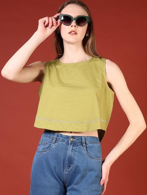 women olive solid sleeveless crop top - 21690020 - Very Small Image - 1