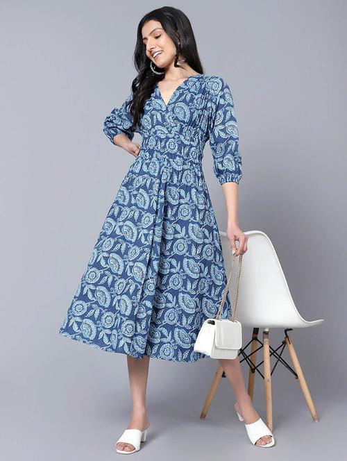 women floral printed v neck fit & flare dress - 21690197 - Very Small Image - 1