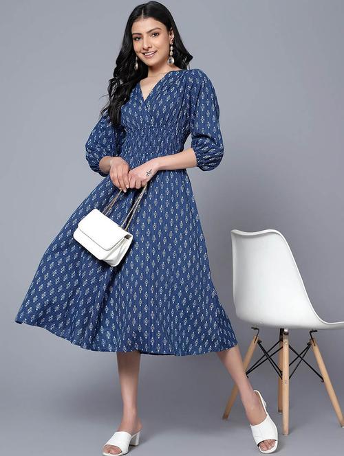 women printed v neck fit & flare dress - 21690198 - Very Small Image - 1