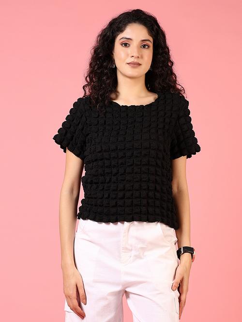 Women Black Self Design Short Sleeve Top - 21690793 - Very Small Image - 1