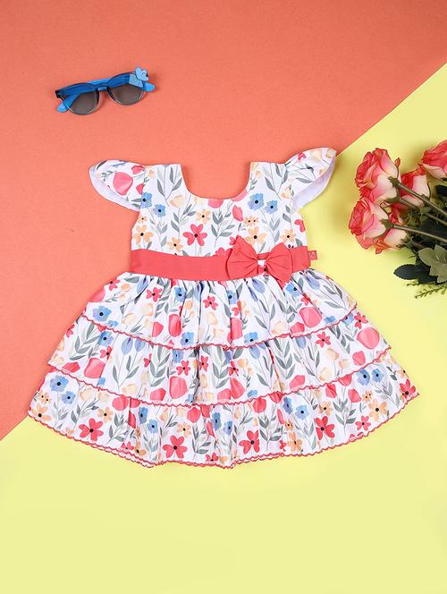 girls whire floral printed round neck frock - 21690821 - Very Small Image - 1