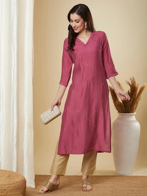 women mirror work three quarter sleeve straight kurta - 21691046 - Very Small Image - 1