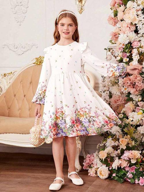 girls beige floral printed fit & flare dress - 21691089 - Very Small Image - 1