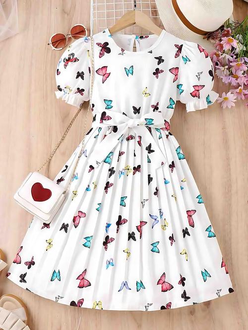 girls white printed puff sleeve frock - 21691102 - Very Small Image - 1