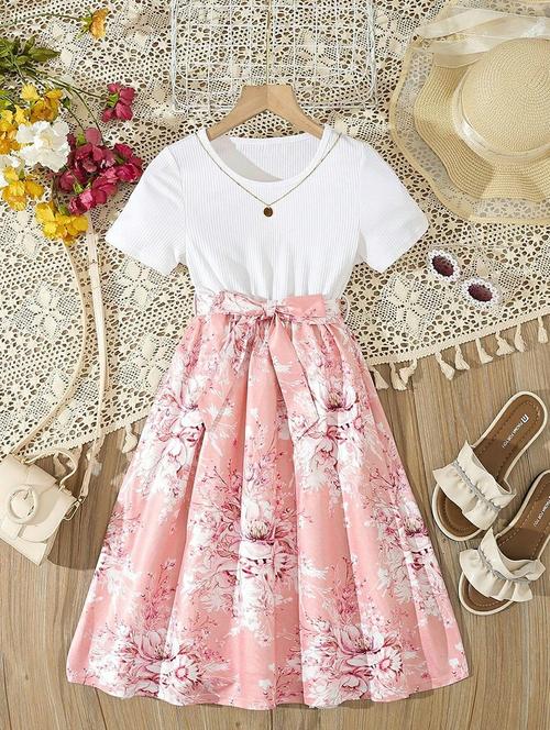 girls floral printed short sleeve fit & flare dress - 21691148 - Very Small Image - 1