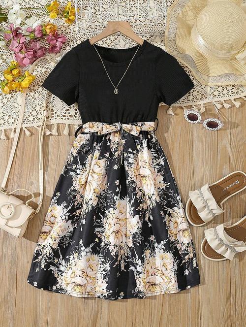 girls floral printed round neck dress - 21691150 - Very Small Image - 1