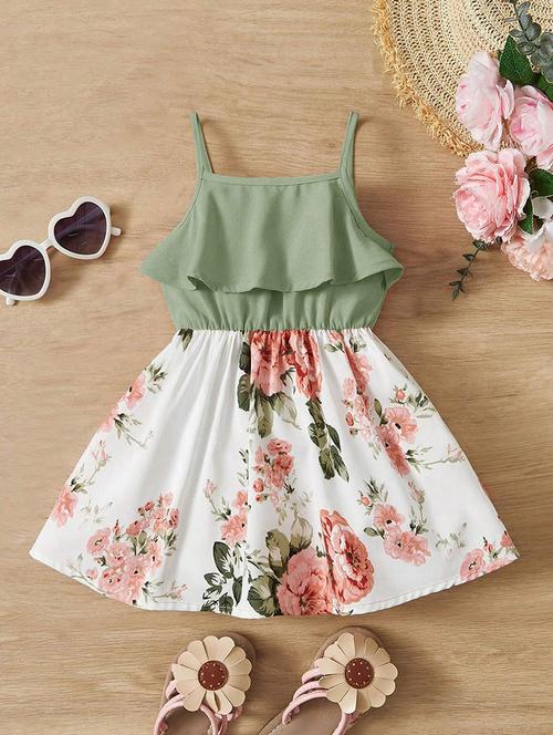 girls floral printed shoulder strap neck frock - 21691157 - Very Small Image - 1