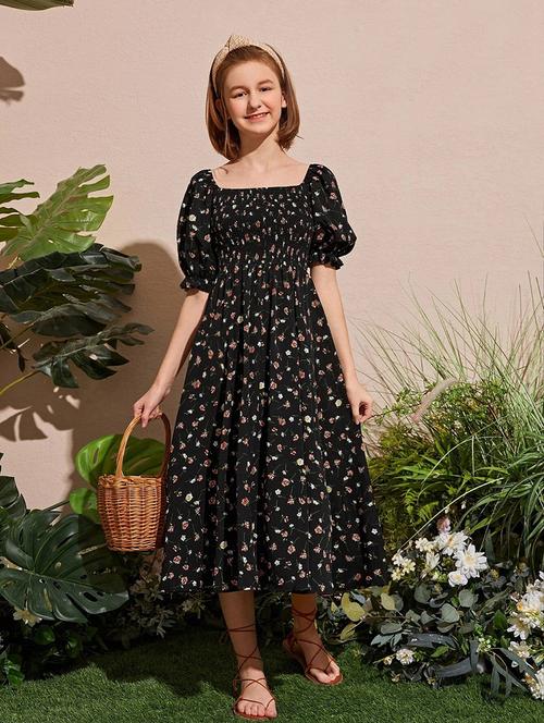 girls floral printed puff sleeve fit & flare dress - 21691165 - Very Small Image - 1