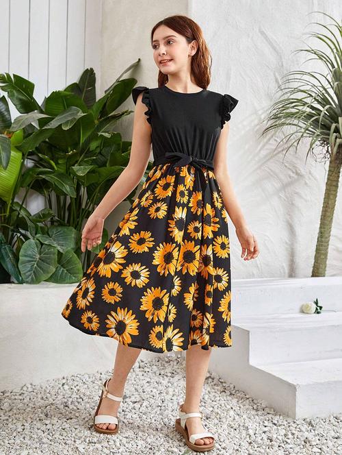 girls floral printed round neck dress - 21691168 - Very Small Image - 1