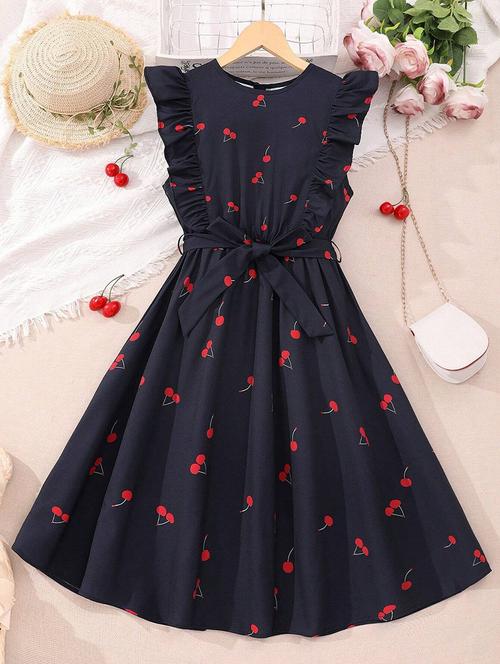 girls navy blue printed sleeveless fit & flare dress - 21691177 - Very Small Image - 1