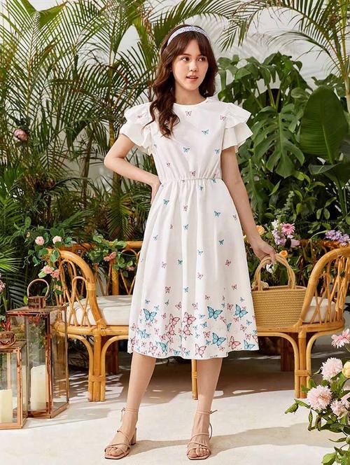girls white printed round neck fit & flare dress - 21691184 - Very Small Image - 1