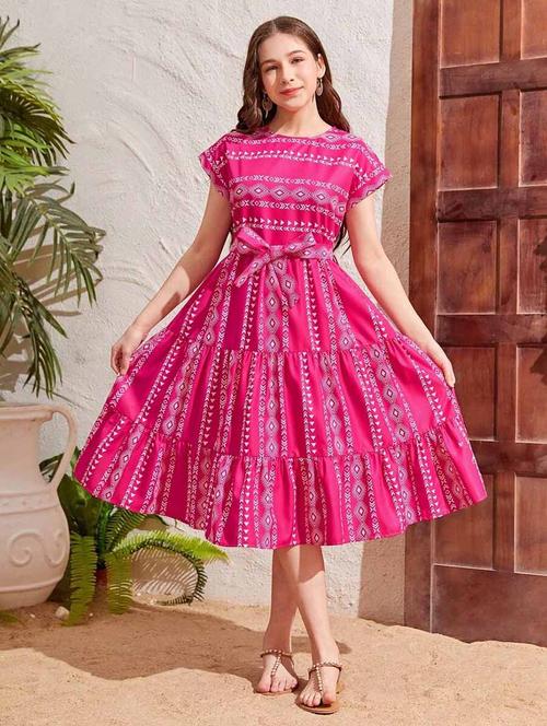 girls pink printed round neck tiered dress - 21691185 - Very Small Image - 1