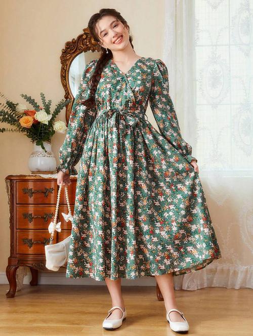 girls green floral printed fit & flare dress - 21691200 - Very Small Image - 1