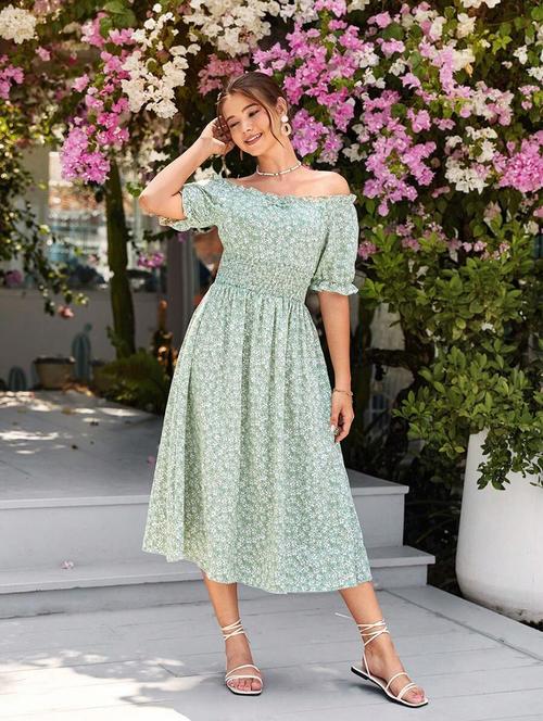girls floral printed off shoulder neck fit & flare dress - 21691204 - Very Small Image - 1