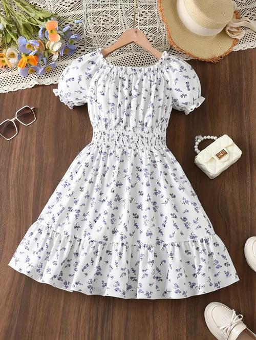 girls floral printed puff sleeve tiered dress - 21691207 - Very Small Image - 1