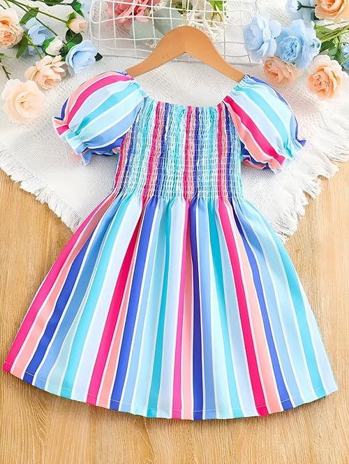 girls striped printed round neck dress - 21691215 - Very Small Image - 1