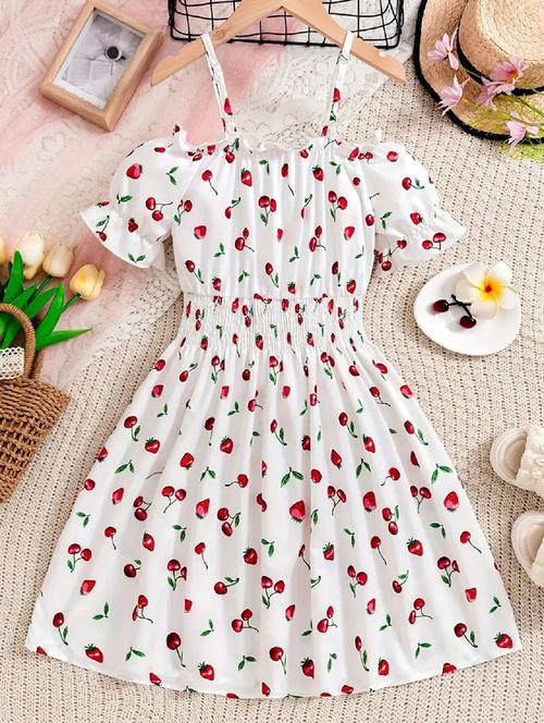 girls printed shoulder strap neck fit & flare dress - 21691217 - Very Small Image - 1