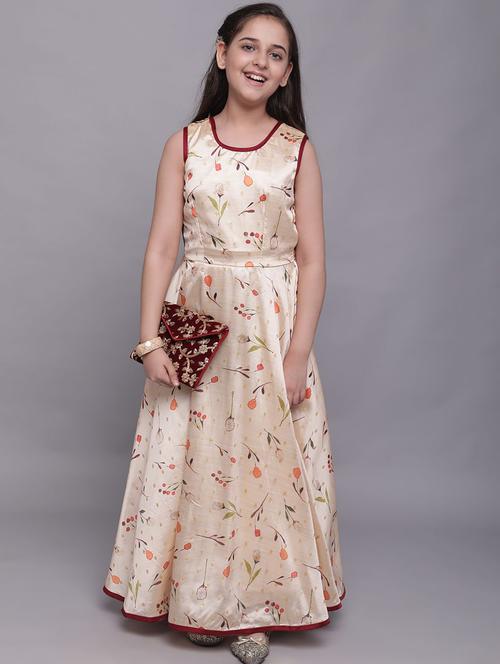 girls cream printed round neck fit & flare dress - 21691253 - Very Small Image - 1