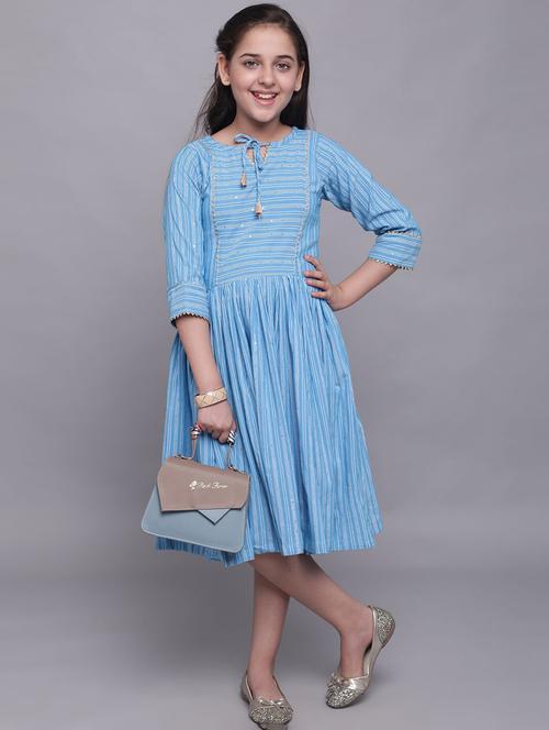 girls light blue striped tie up neck dress - 21691255 - Very Small Image - 1