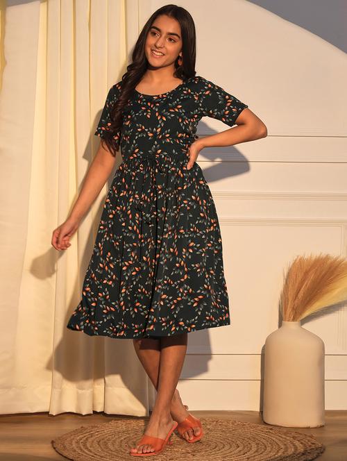 girls bottle green printed round neck dress - 21691259 - Very Small Image - 1