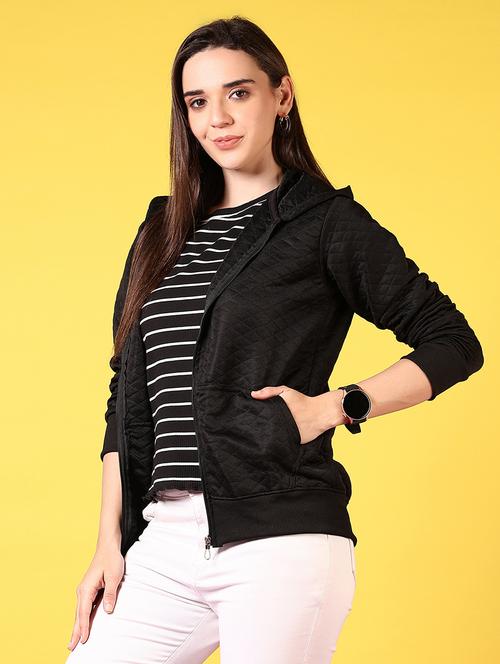 women black solid long sleeve hooded jacket - 21691394 - Very Small Image - 1