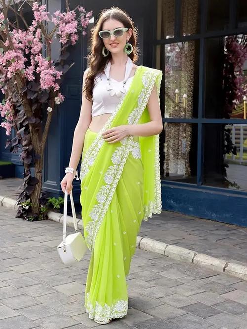 women lime embroidered saree with blouse - 21691811 - Very Small Image - 1