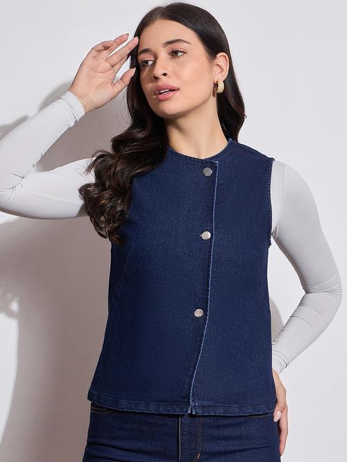 womemn solid sleeveless denim jacket - 21691833 - Very Small Image - 1