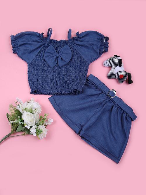 girls navy blue solid shorts & top set - 21691859 - Very Small Image - 1