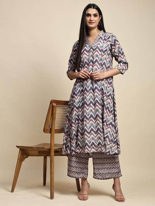 women chevron printed kurta palazzo co-ord sets - 21692301 - Very Small Image - 1