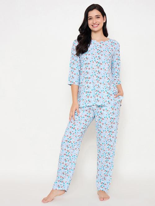 women printed three quarter sleeve nightwear set - 21692327 - Very Small Image - 1