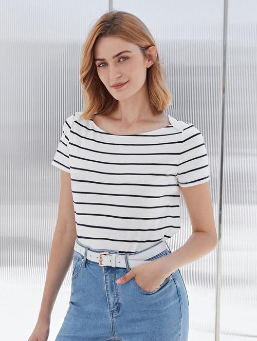 women stripes printed short sleeve top - 21692372 - Very Small Image - 1