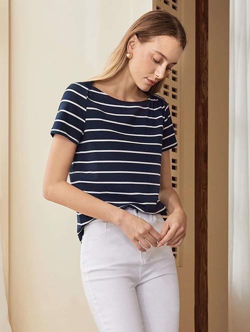 women stripes printed short sleeve top - 21692373 - Very Small Image - 1