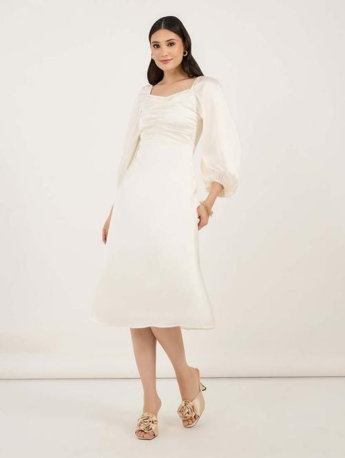 women solid puff sleeves a-line dress - 21692542 - Very Small Image - 1