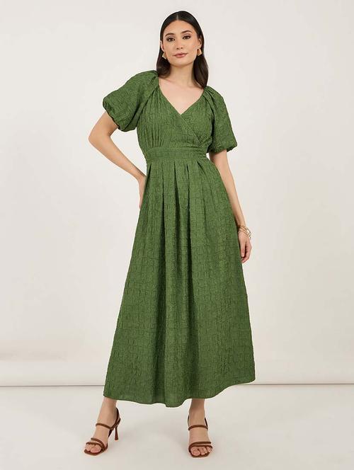 women solid puff sleeves fit & flare dress - 21692546 - Very Small Image - 1