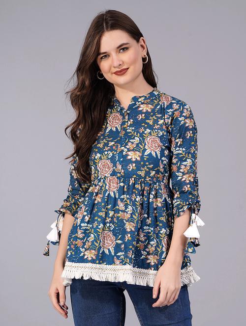 women printed mandarin neck peplum top with tassel detailed - 21692602 - Very Small Image - 1