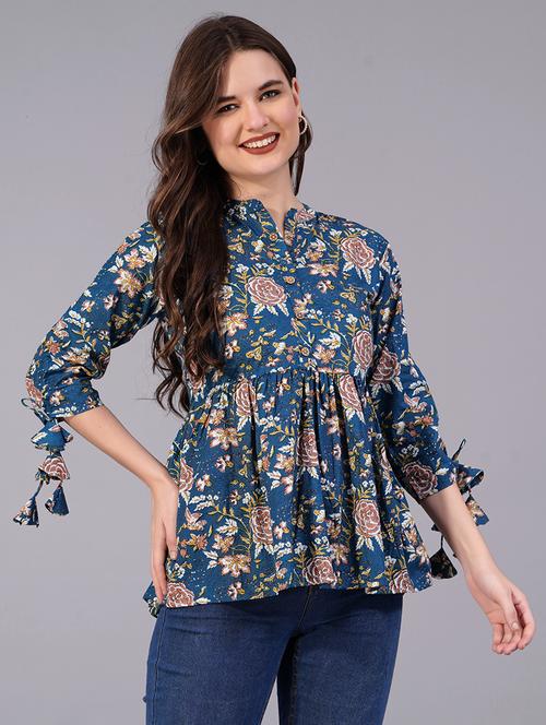 women printed mandarin neck peplum top with tassel detailed - 21692603 - Very Small Image - 1