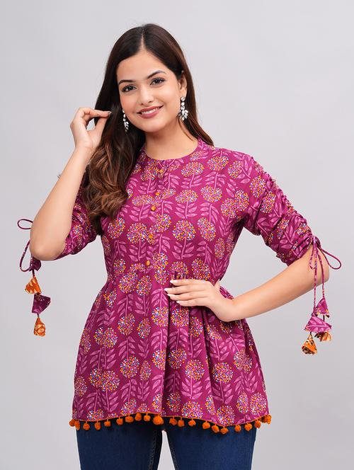 women printed round neck peplum top with tassel detailed - 21692604 - Very Small Image - 1