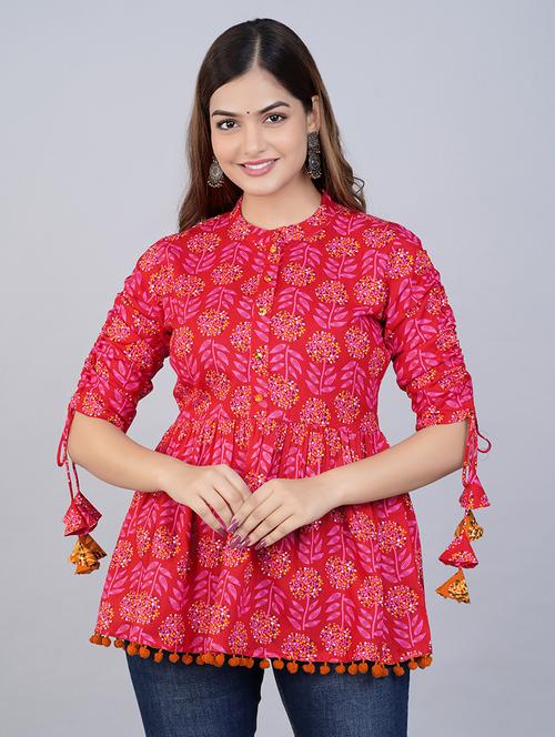 women printed mandarin neck peplum top with tassel detailed - 21692605 - Very Small Image - 1