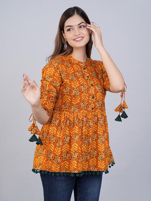 women printed mandarin neck peplum top with tassel detailed - 21692608 - Very Small Image - 1