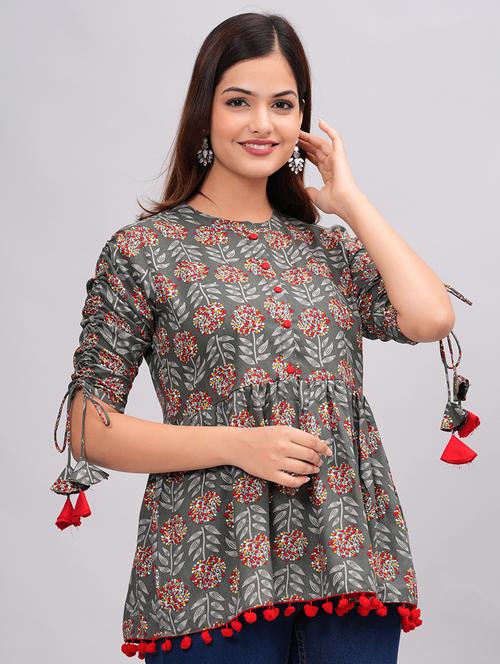 women printed mandarin neck peplum top with tassel detailed - 21692609 - Very Small Image - 1