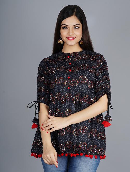 women printed mandarin neck peplum top with tassel detailed - 21692611 - Very Small Image - 1