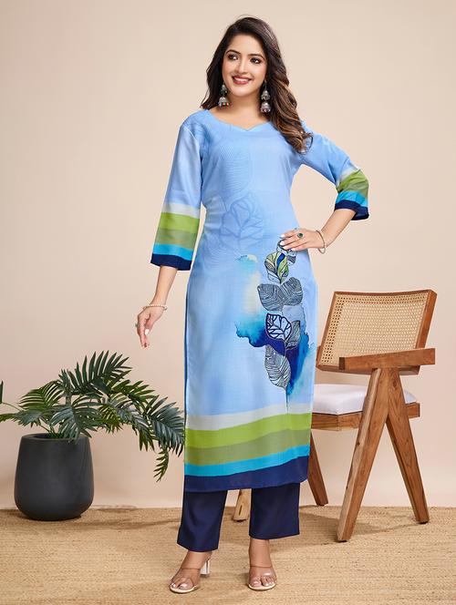women light blue printed kurta pant set - 21692669 - Very Small Image - 1