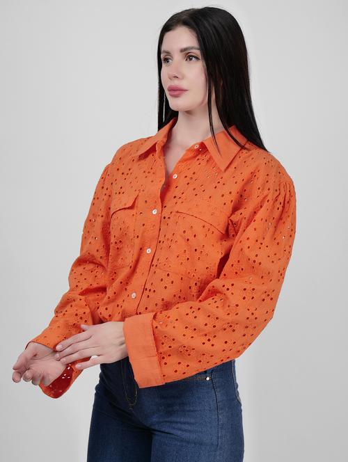 women schiffli detailed collared puff sleeves shirt - 21693251 - Very Small Image - 1