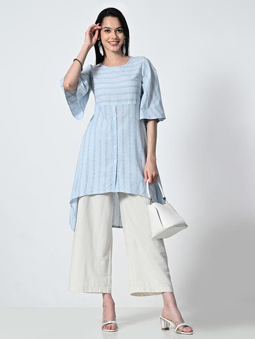 women light blue stripes bell high-low kurti - 21693991 - Very Small Image - 1