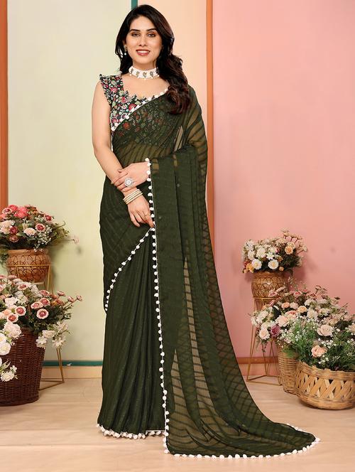 women stripes printed lace work saree - 21694083 - Very Small Image - 1